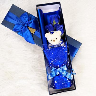 Primrue Flower Bouquet 3 Scented Soap Roses Gift Box w/ Cute Teddy Bear Birthday Mother's Day V Plastic in Blue | 24 H x 8.26 W x 4.72 D in | Wayfair