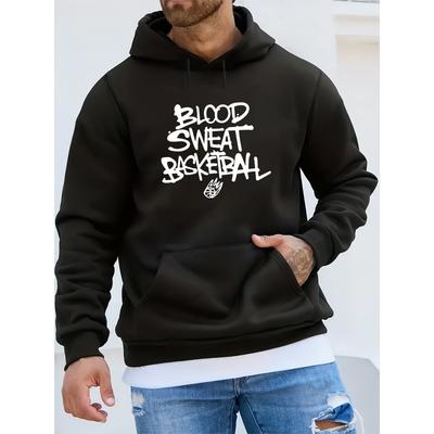 Blood Sweat Basketball Print Hoodies For Men, Graphic Hoodie With Kangaroo Pocket, Comfy Loose Trendy Hooded Pullover, Mens Clothing For Autumn Winter