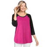 Plus Size Women's Three-Quarter Sleeve Baseball Tee by Woman Within in Raspberry Black (Size L) Shirt