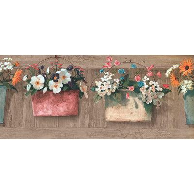 Red Barrel Studio® Garden Flowers Pots on Wooden Board 15' L x 10.5  W Wallpaper Border Vinyl in Brown Green Orange | 10.5 W in | Wayfair