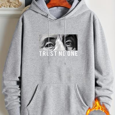 trust No One Print, Hoodies For Men, Graphic Sweatshirt With Kangaroo Pocket, Comfy Trendy Hooded Pullover, Mens Clothing For Fall Winter