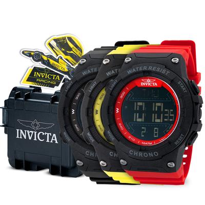 Invicta Racing Digital Men's Triple Watch Bundle - 52mm Black with Invicta Racing Stickers 3-Slot Dive Impact Watch Case Black (B-RACE-BYR3ST)