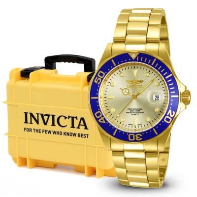 Invicta Pro Diver Men's Watch Bundle - 40mm Gold with Invicta 8-Slot Dive Impact Watch Case Light Yellow (B-14124-DC8-LTYEL)