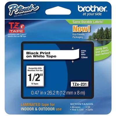 BROTHER TZe231 Adhesive TZ Tape (R) Cartridge 0.47"x26-1/5ft., Black/White,