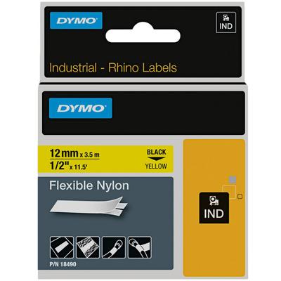 DYMO 18490 Rhino 1/2" x 11 1/2' Black on Yellow Flexible Nylon Industrial Permanent Label Tape