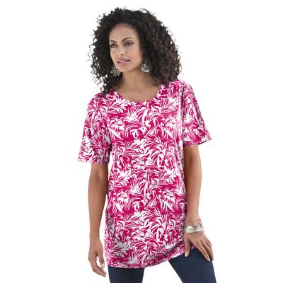 Plus Size Women's Crewneck Ultimate Tee by Roaman's in Pink Graphic Leaves (Size S) Shirt
