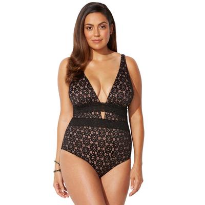 Plus Size Women's Lace Plunge One Piece Swimsuit by Swimsuits For All in Black Lace (Size 6)