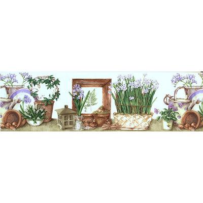 Red Barrel Studio® Plants Flowers Pots Plate Frame 15' L x 7  W Wallpaper Border Vinyl in Brown Green Indigo | 7 W in | Wayfair