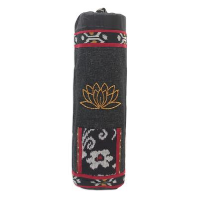 Large Lotus Lagoon in Black,'Ikat Cotton Yoga Mat Carrier with Glass Bead Accent'