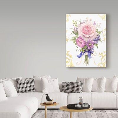 Trademark Fine Art 'Small Bouquet w/ a Blue Bow' Graphic Art Print on Wrapped Canvas Metal in Green/Indigo/Pink | 32 H x 24 W x 2 D in | Wayfair