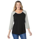 Plus Size Women's Three-Quarter Sleeve Baseball Tee by Woman Within in Black Heather Grey (Size M) Shirt