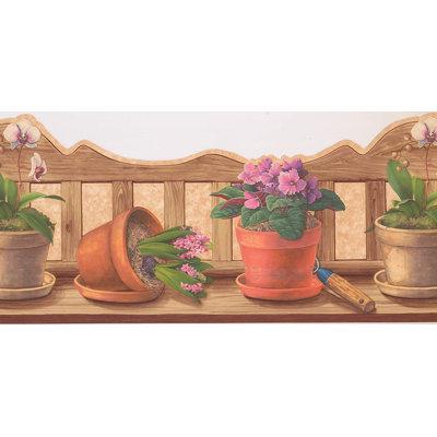 Red Barrel Studio® Flowers Pots Leaves 15' L x 9.25  W Wallpaper Border Vinyl in Pink Green White | 9.25 W in | Wayfair