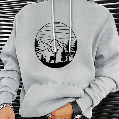 Forest Elk Print, Hoodies For Men, Graphic Sweatshirt With Kangaroo Pocket, Comfy Trendy Hooded Pullover, Mens Clothing For Fall Winter