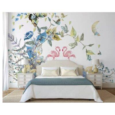 Bayou Breeze Lukasik Vintage Soft Flower Watercolor Painting Flamingo Wall Mural Fabric in Gray | 106" L x 187" W | Wayfair