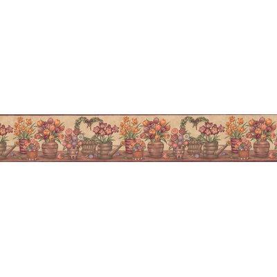 August Grove® Bouffard Flowers in Pots Retro Design 15' L x 5" W Floral & Botanical Wallpaper Border Vinyl in Brown/White | 5 W in | Wayfair