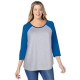 Plus Size Women's Three-Quarter Sleeve Baseball Tee by Woman Within in Heather Grey Bright Cobalt (Size 5X) Shirt