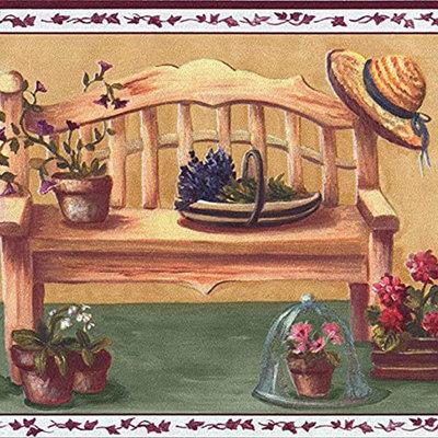 Red Barrel Studio® Chairs Bench Flowers in Pots 15' L x 7  W Wallpaper Border Vinyl in Brown Green Red | 7 W in | Wayfair