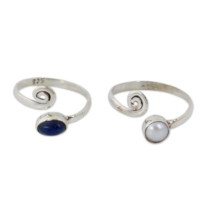 Cultured pearls and lapis lazuli toe rings, 'Perfection' (pair)