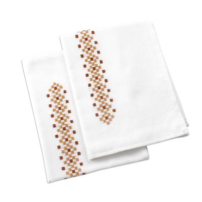Desert Essence,'Embroidered Cotton Tea Towels with Square Motifs (Pair)'