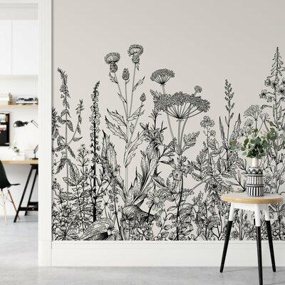 Latitude Run® Palmer Garden Plants Flowers Black & White Removable Textile Wallpaper Panel Fabric in Black/Brown/White | 150 W in | Wayfair