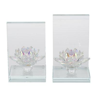 Rosdorf Park Crystal Rainbow Lotus Decorative Bookends, Home or Office Decor, Clear & Frosted Glass, Size 6.5 H x 4.0 W x 4.0 D in | Wayfair