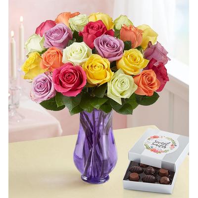 1-800-Flowers Flower Delivery Two Dozen Assorted Roses W/ Purple Vase & Chocolate | Happiness Delivered To Their Door