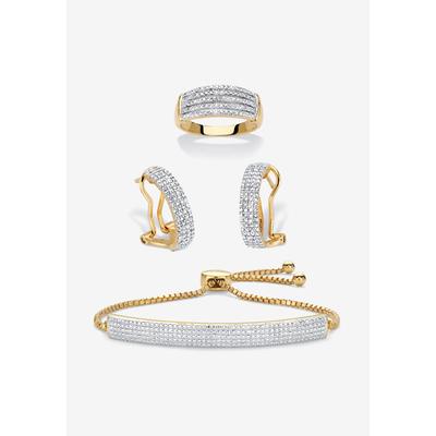 18K Gold-Plated Diamond Accent Demi Hoop Earrings, Ring and Adjustable Bolo Bracelet Set 9" by PalmBeach Jewelry in Gold (Size 7)