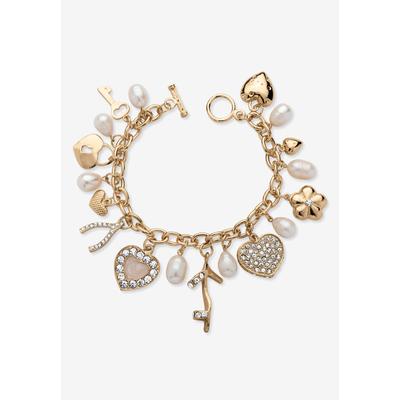 Gold Tone Charm Bracelet Crystal and Cultured Freshwater Pearl 8