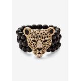 Goldtone Onyx Leopard Stretch Bracelet (42mm), Round Crystal, 8.5