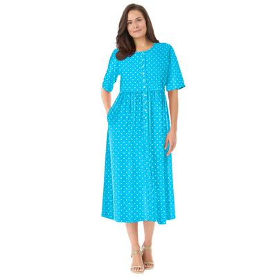 Plus Size Women's Button-Front Essential Dress by Woman Within in Paradise Blue Polka Dot (Size 2X)