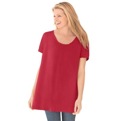 Plus Size Women's Perfect Short-Sleeve Shirred U-Neck Tunic by Woman Within in Classic Red (Size 1X)