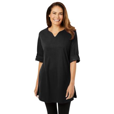 Plus Size Women's Perfect Roll-Tab-Sleeve Notch-Neck Tunic by Woman Within in Black (Size M)