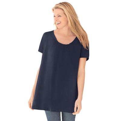 Plus Size Women's Perfect Short-Sleeve Shirred U-Neck Tunic by Woman Within in Navy (Size L)