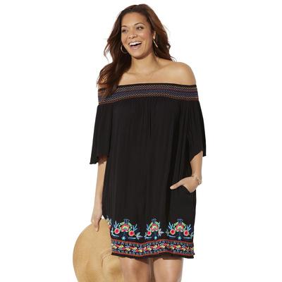 Plus Size Women's Rhiannon Embroidered Cover Up Dress by Swimsuits For All in Black (Size 14/16)