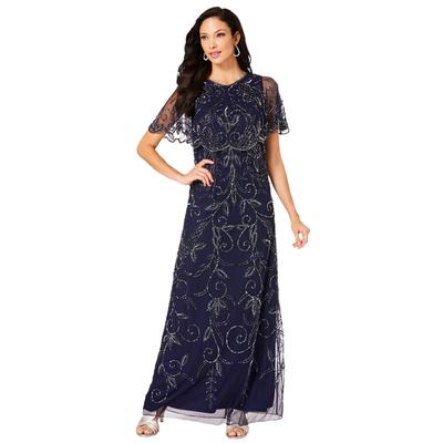 Plus Size Women's Glam Maxi Dress by Roaman's in Navy (Size 20 W) Beaded Formal Evening Capelet Gown