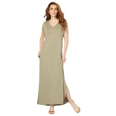 Plus Size Women's Side-Slit T-Shirt Dress by Roaman's in Green Khaki (Size 14/16) Maxi Length