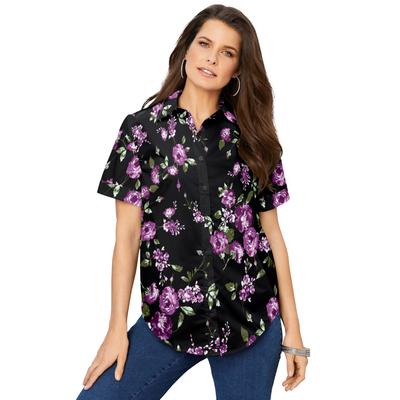 Plus Size Women's Short-Sleeve Kate Big Shirt by Roaman's in Purple Rose Floral (Size 34 W) Button Down Shirt Blouse