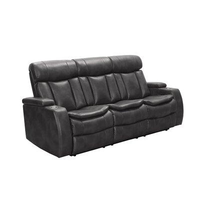 Wade Logan® Asahd 85" Wide Genuine Leather Power Recliner Home Theater Sofa w/ Cup Holder in Black, Size 41.5 H x 85.0 W x 38.5 D in | Wayfair