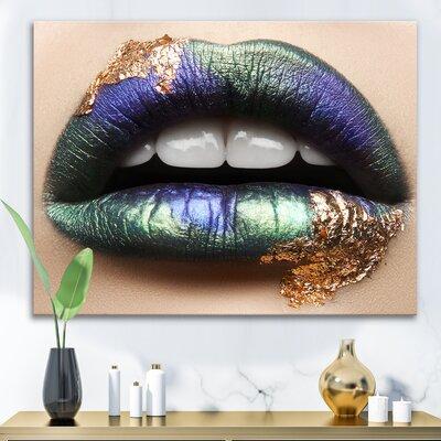 East Urban Home Female Lips w/ Lipstick & Teeth - Photograph on Canvas Metal in Green | 16 H x 32 W x 1 D in | Wayfair
