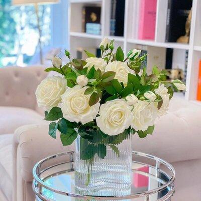 Flovery Large White Rose Floral Arrangement In Vase Polyester/Polysilk | 17 H x 18 W x 18 D in | Wayfair 1000085782W