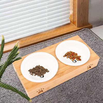 YYBUSHER Double Cat Ceramic Feeding Bowl Set Food Water Feeder w/ Non-Slip Bamboo Stand Wood in Brown, Size 2.28 H x 6.06 W x 12.2 D in | Wayfair
