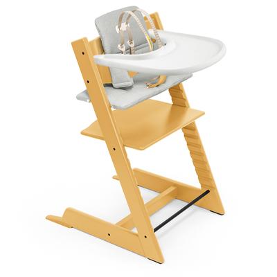 Tripp Trapp High Chair and Cushion with Stokke Tray Bundle - Sunflower Yellow / Nordic Grey / White
