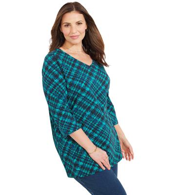 Plus Size Women's Suprema® 3/4 Sleeve V-Neck Tee by Catherines in Plaid (Size 4X)