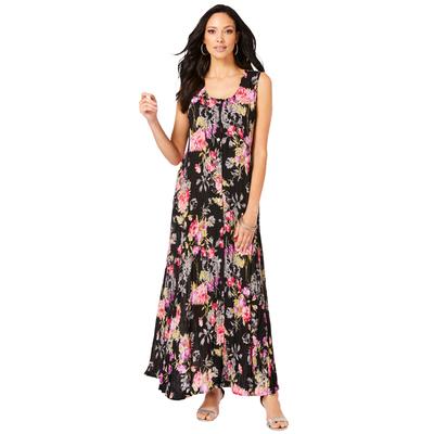 Plus Size Women's Button-Front Crinkle Dress with Princess Seams by Roaman's in Pink Painted Floral (Size 26/28)