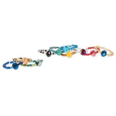 Sparkly Friendship,'Multicolored Glass and Crystal Beaded Rings (Set of 10)'