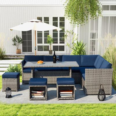 Red Barrel Studio® 7 Pieces Sectional Seating Group w  Cushions Wood in Gray Blue | Outdoor Furniture | Wayfair 07A7FA6BB46B4F6E9143208BB7FA796C