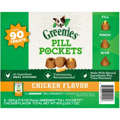 Greenies Pill Pockets Capsule Size Natural Dog Treats, Chicken Flavor (3 - 7.9 oz. Pouches)