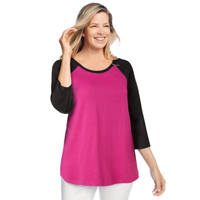 Plus Size Women's Three-Quarter Sleeve Baseball Tee by Woman Within in Raspberry Black (Size 3X) Shirt