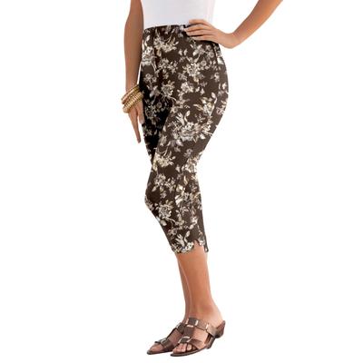 Plus Size Women's Essential Stretch Capri Legging by Roaman's in Chocolate Sketch Floral (Size 14/16) Activewear Workout Yoga Pants