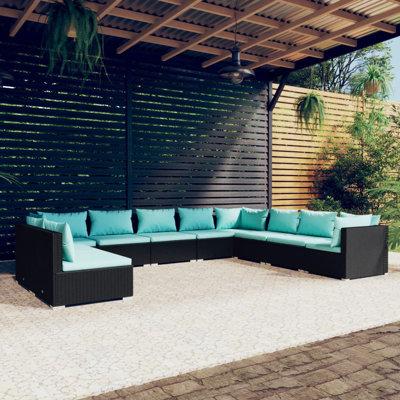 Latitude Run® 10 Piece Patio Lounge Set w/ Cushions Poly Rattan Wicker/Rattan in Blue/Black | 23.8 H x 27.6 W x 27.6 D in | Wayfair